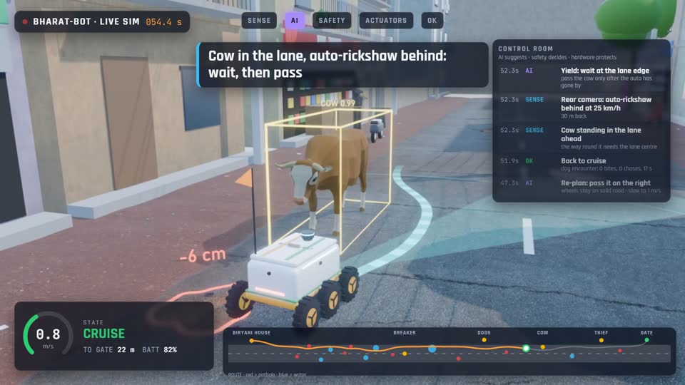 Bharat-Bot waiting beside a cow standing in the lane, its planned path curving round the cow