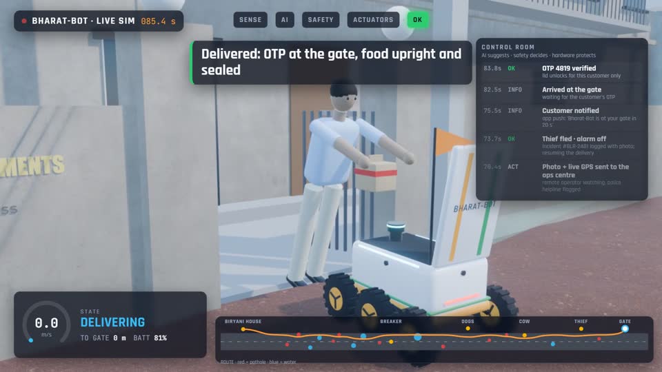 A customer at the apartment gate taking the food out of Bharat-Bot