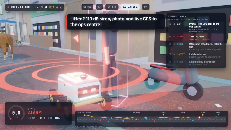 Bharat-Bot's theft alarm going off, with red rings around the robot and a man beside it