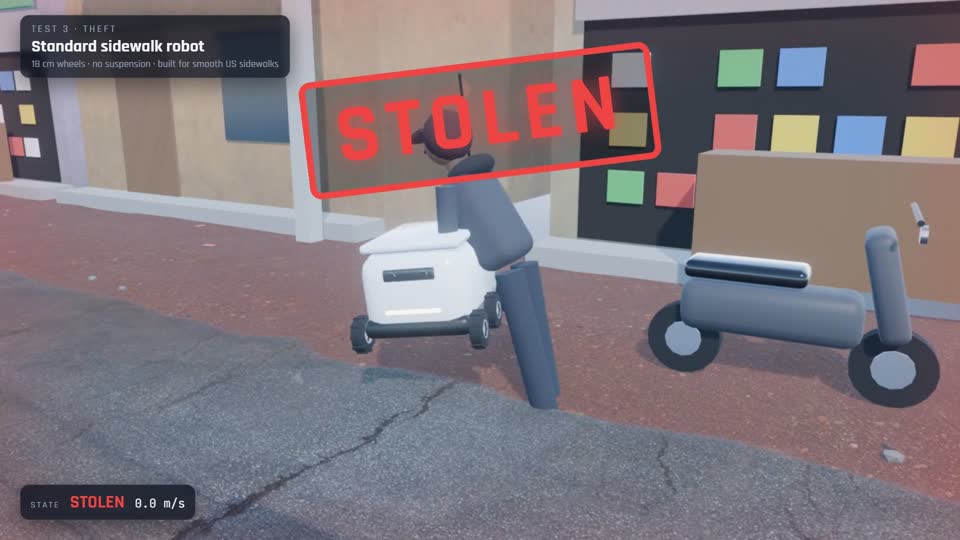 A man carrying the standard robot away into a side lane, stamped STOLEN